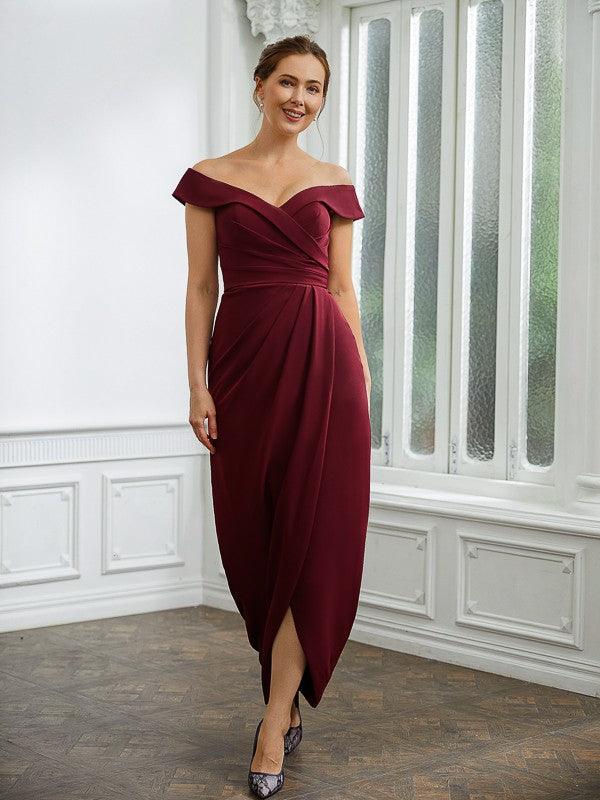 NumberSea-Sheath/Column Stretch Crepe Ruched Off-the-Shoulder Sleeveless Floor-Length Mother of the Bride Dresses