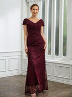 Mother of the Bride Dresses Sheath Column Lace Ruched V-neck Short Sleeves Floor-Length