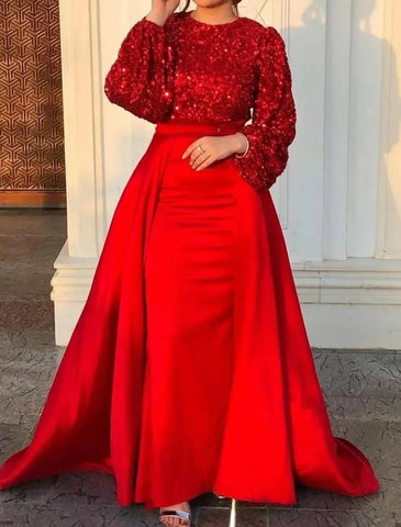 Meerjungfrau/Trompete Abendkleid Glitzerndes Kleid Formale Hochzeit Bodenlang Langarm Rundhals Herbst Hochzeitsgast Satin mit Überrock