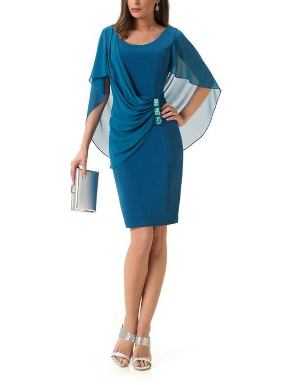 Vestido de madre de la novia con corte tubo/columna para invitados de boda, elegante, escote redondo, corto/mini, de gasa, media manga con broche de cristal fruncido.