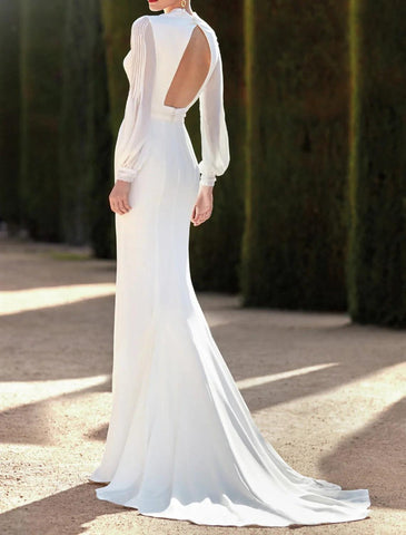 Hall Open Back Royal Style Formelle Herbst-Hochzeitskleider Etui-/Säulen-V-Ausschnitt Langarm Hofschleppe Stretch-Stoff Brautkleider mit Schlitz vorne Volltonfarbe