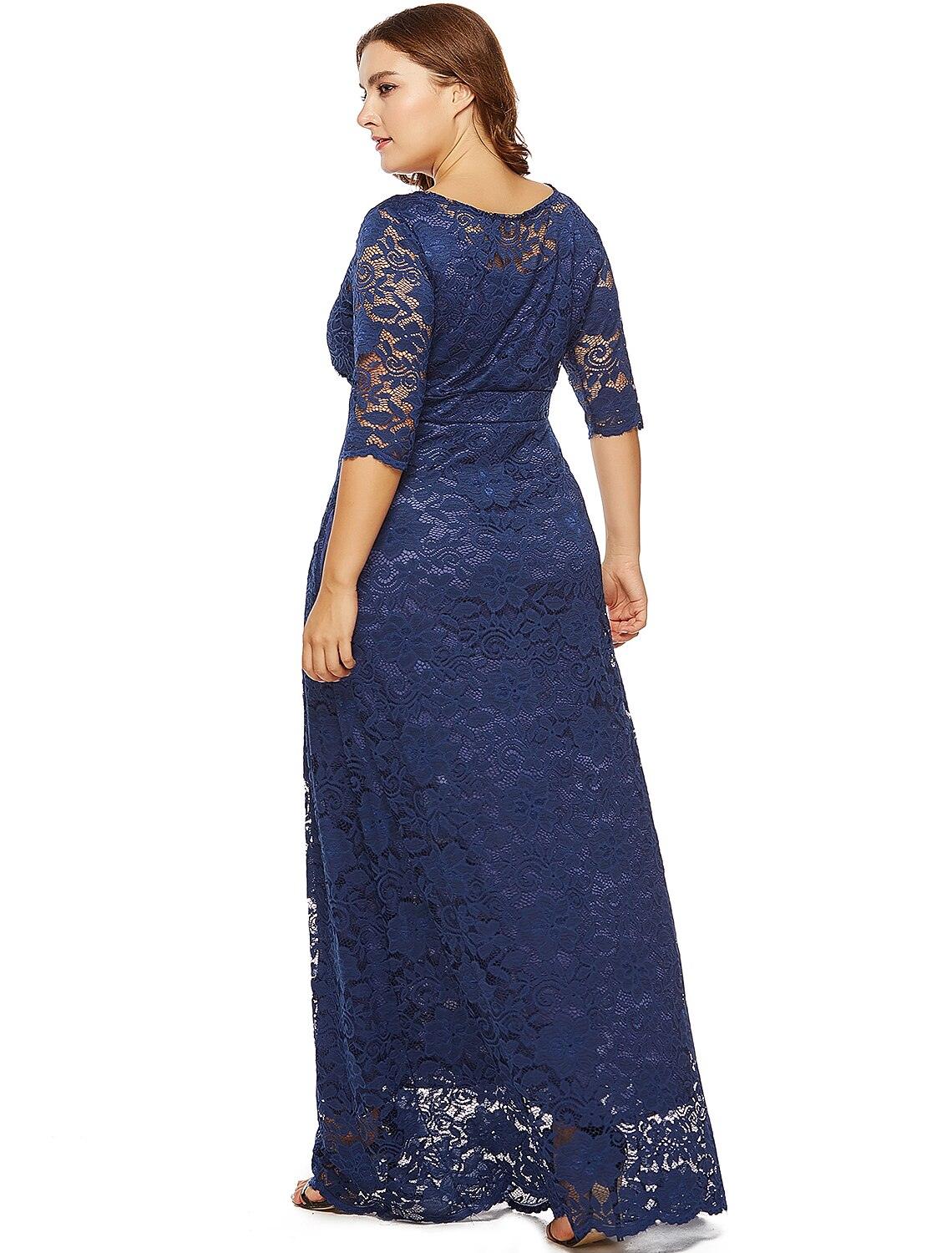 Etui-Linie/Säulenkleid in Übergröße, weiß, für die Feiertage, Hochzeitsgäste, Rundhalsausschnitt, halbe Ärmel, bodenlang, Spitze mit Spitzeneinsatz