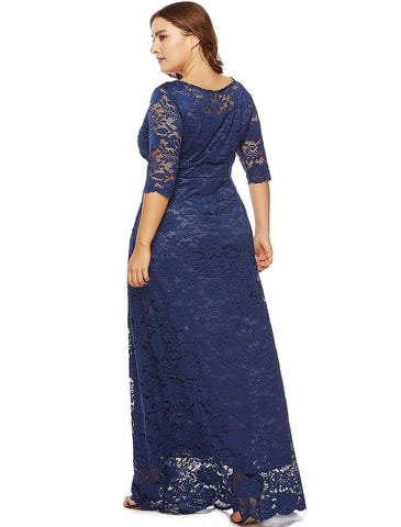 Etui-Linie/Säulenkleid in Übergröße, weiß, für die Feiertage, Hochzeitsgäste, Rundhalsausschnitt, halbe Ärmel, bodenlang, Spitze mit Spitzeneinsatz