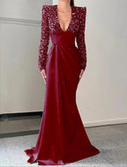 Mermaid / Trumpet Evening Gown Champagne Sparkle & Shine Dress Formal Sweep / Brush Train Long Sleeve V Neck Satin with Pleats Sequin