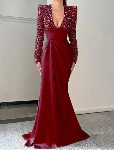 Abendkleid im Meerjungfrau-/Trompeten-Stil, Champagner, Glitzer- und Glanzkleid, formelle Schleppe, lange Ärmel, V-Ausschnitt, Satin mit Falten, Pailletten