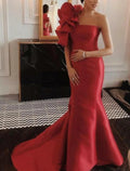 Mermaid Party Dress Evening Gown Floral Dress Christmas Red Green Dress Engagement Court Train Sleeveless One Shoulder Satin with Ruffles