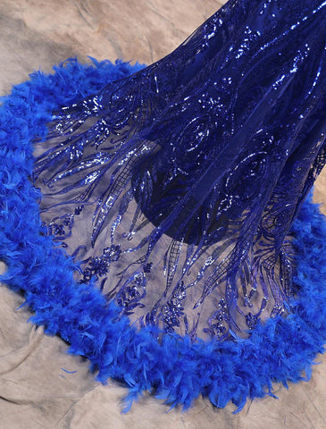 Meerjungfrau/Trompete Abendkleid Luxuriöses Kleid Karneval Bodenlang Ärmellos Spaghettiträger Afroamerikaner Pailletten mit Federstickerei