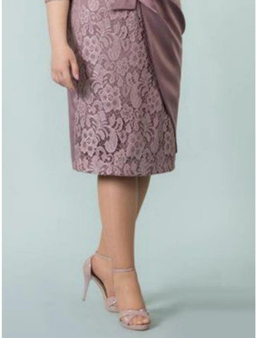 Kleider für die Brautmutter, Übergröße, geschwungen, Bauch verbergen, Hochzeitsgast, Party, elegant, quadratischer Ausschnitt, wadenlang, Spitze, Kunstseide, 3/4-Ärmel mit Schleife(n)