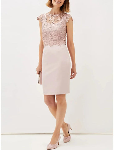 Numbersea A-Linien-Kleid für die Mutter der Braut, für Hochzeitsgäste, elegant, zierlich, U-Ausschnitt, kurz/Mini, Stretch-Stoff, lange Ärmel, mit Spitzenrüschen, einfarbig