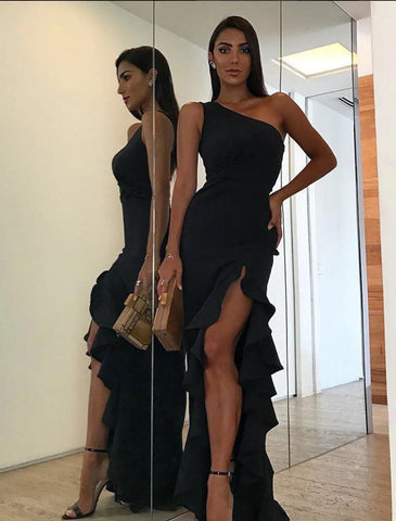 Meerjungfrau/Trompete, elegantes Abschlussballkleid, formelles Abendkleid, Geburtstagskleid, eine Schulter, ärmellos, asymmetrisch, Spitze mit Falten, Applikationen, geteilte Vorderseite