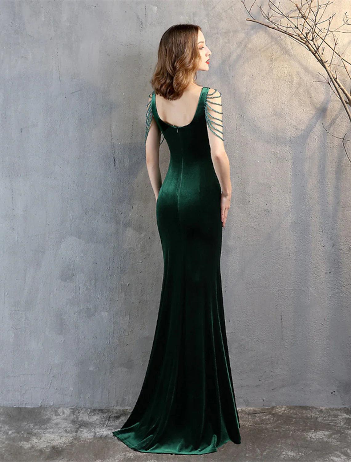 Vestidos de fiesta de sirena/trompeta, elegantes, formales, para invitados de boda, largos hasta el suelo, sin mangas, cuello en V, de terciopelo con flecos y borlas.