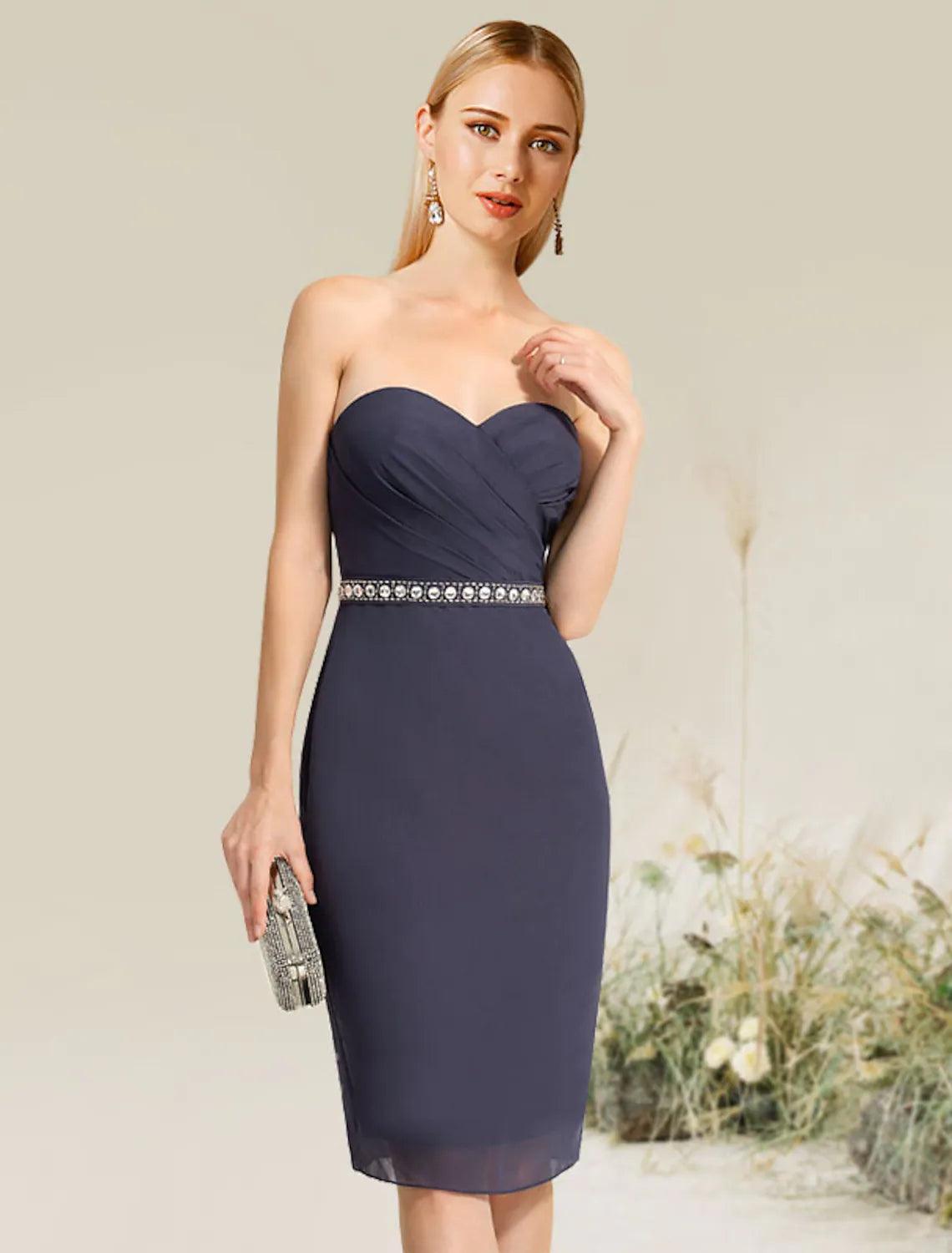 Vestido de cóctel con corte tubo/columna, convertible, para invitada de boda, largo hasta la rodilla, manga corta, sin tirantes, con encaje y apliques de encaje.