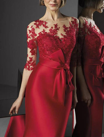 Meerjungfrau/Trompete Abendkleid Elegantes Kleid Verlobung Bodenlang 3/4 Ärmel Illusion Hals Herbst Hochzeitsgast Satin mit Applikationen