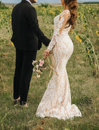Vestidos de novia bohemios formales de compromiso, estilo sirena/trompeta, escote ilusión, manga larga, cola larga, encaje, con apliques