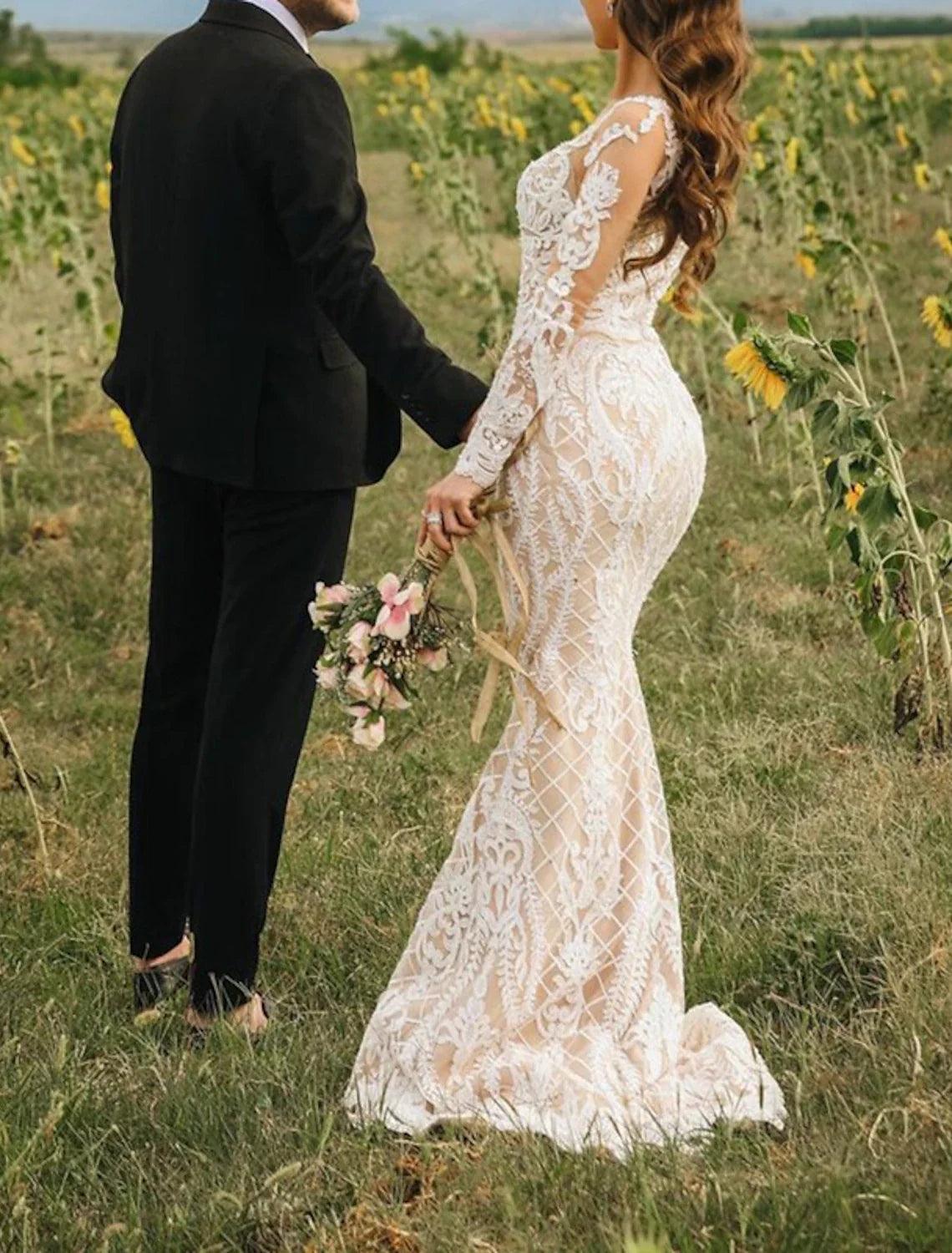 Vestidos de novia bohemios formales de compromiso, estilo sirena/trompeta, escote ilusión, manga larga, cola larga, encaje, con apliques