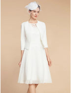 Zweiteiliges A-Linien-Kleid für die Mutter der Braut, Hochzeitsgast, elegant, zierlich, Rundhalsausschnitt, knielang, Chiffon, Spitze, 3/4-Ärmel mit Falten, einfarbig