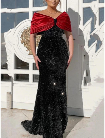 Meerjungfrau Schwarzes Abendkleid Elegantes Kleid Formal Sweep/Pinselzug Kurzarm Schulterfrei Pailletten mit Glitzerschleife(n) Gerüscht