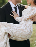 Vestidos de novia bohemios formales de compromiso, estilo sirena/trompeta, escote ilusión, manga larga, cola larga, encaje, con apliques