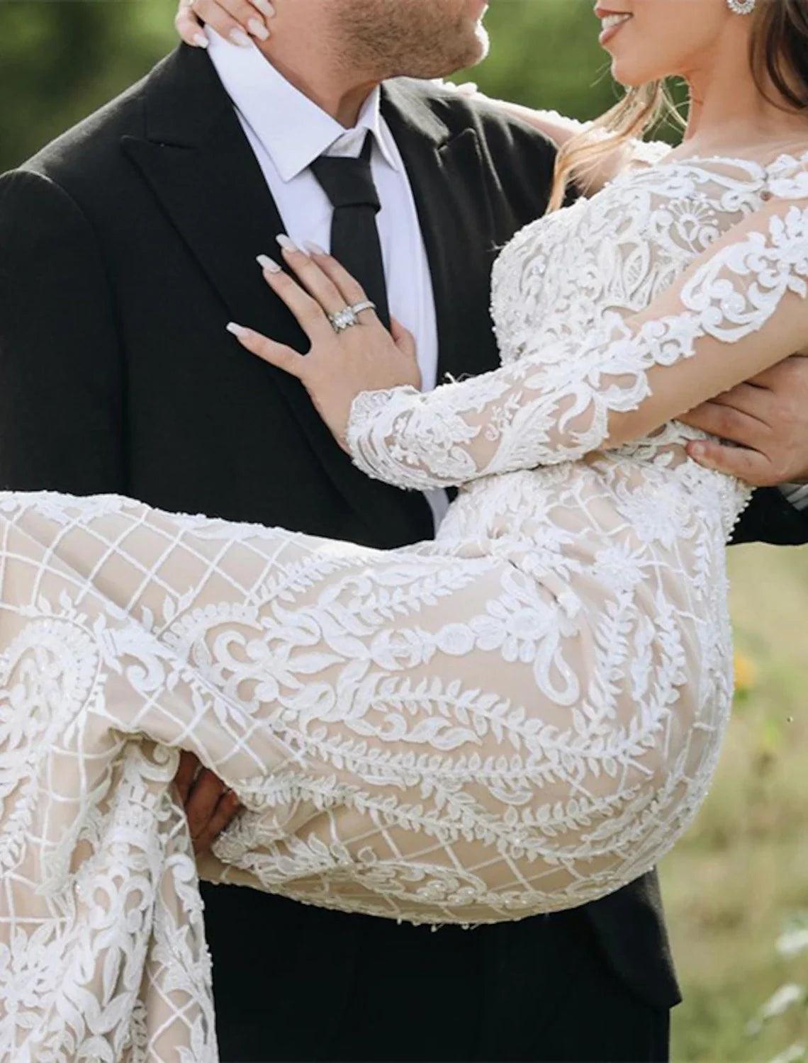 Vestidos de novia bohemios formales de compromiso, estilo sirena/trompeta, escote ilusión, manga larga, cola larga, encaje, con apliques