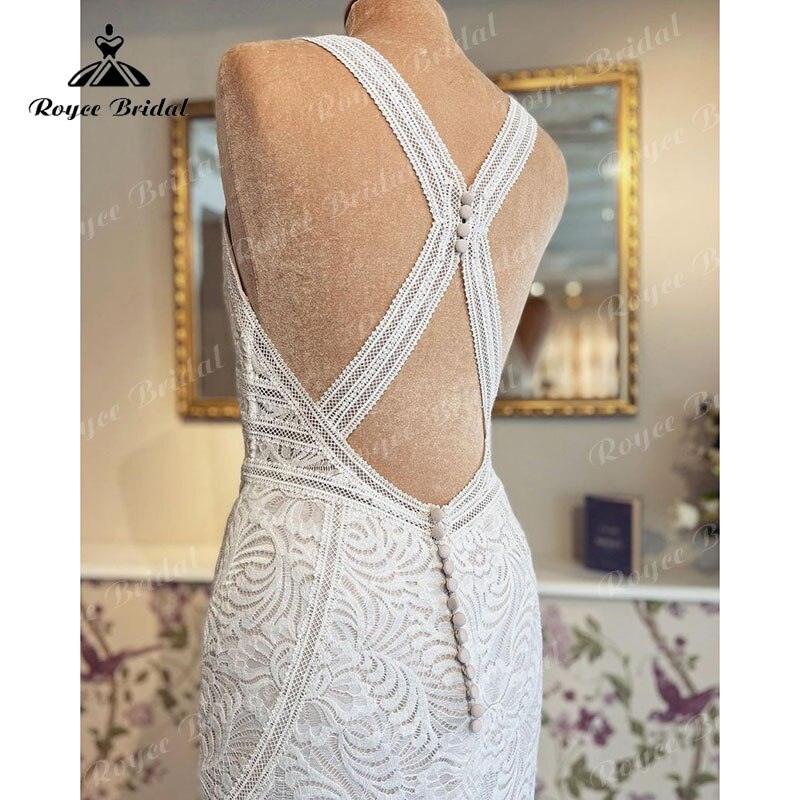 vestidos de novia largos corte sirena/trompeta con escote en V, sin mangas, con espalda abierta y encaje