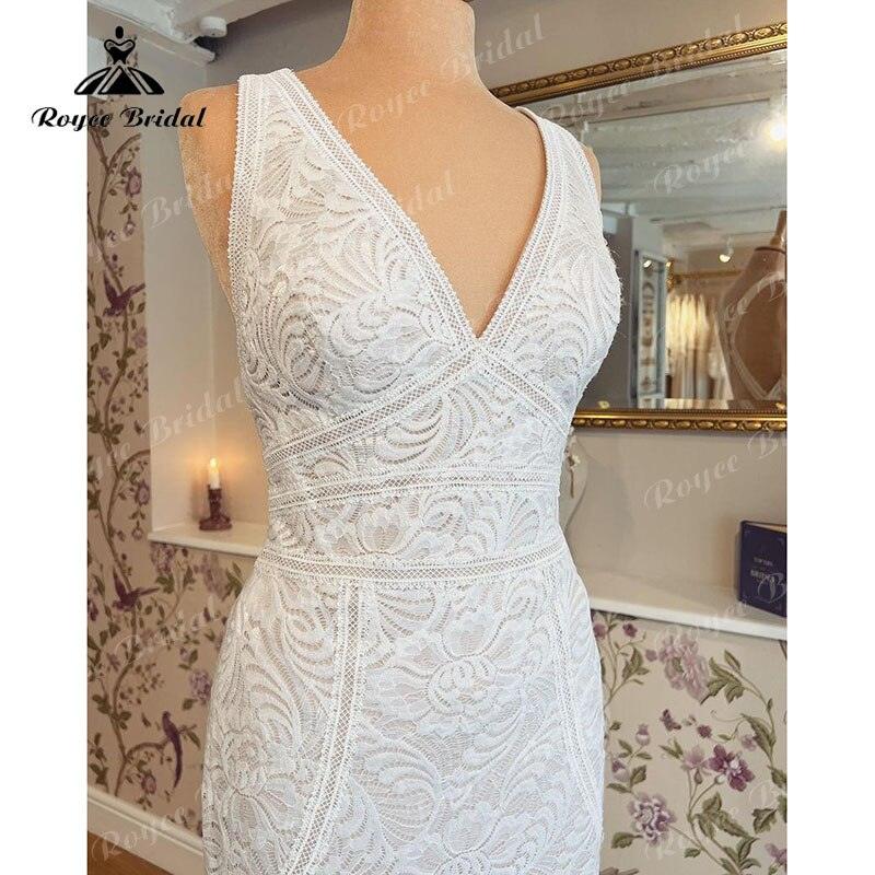 vestidos de novia largos corte sirena/trompeta con escote en V, sin mangas, con espalda abierta y encaje