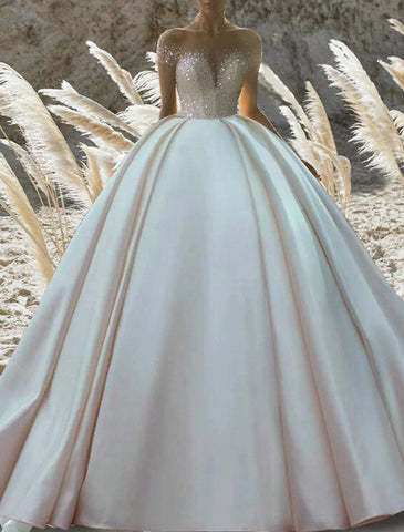 Verlobungs-Hochzeitskleider Ballkleid Off Shoulder Kurzarm Kapellenschleppe Satin Brautkleider mit Volltonfarbe