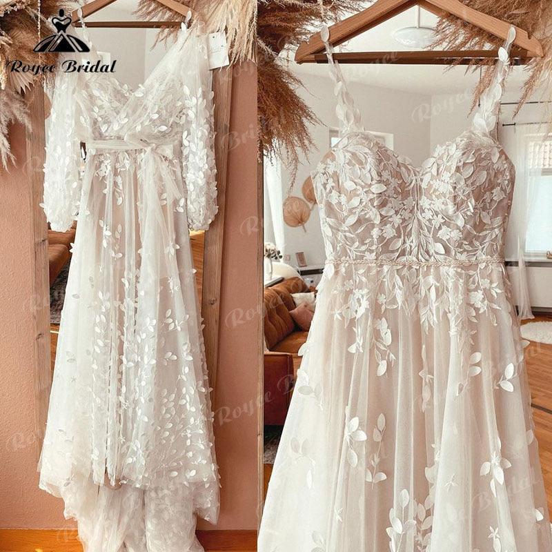Vestido de novia bohemio de corte A con tirantes finos y apliques de encaje y chaqueta, 2025, para playa, personalizado