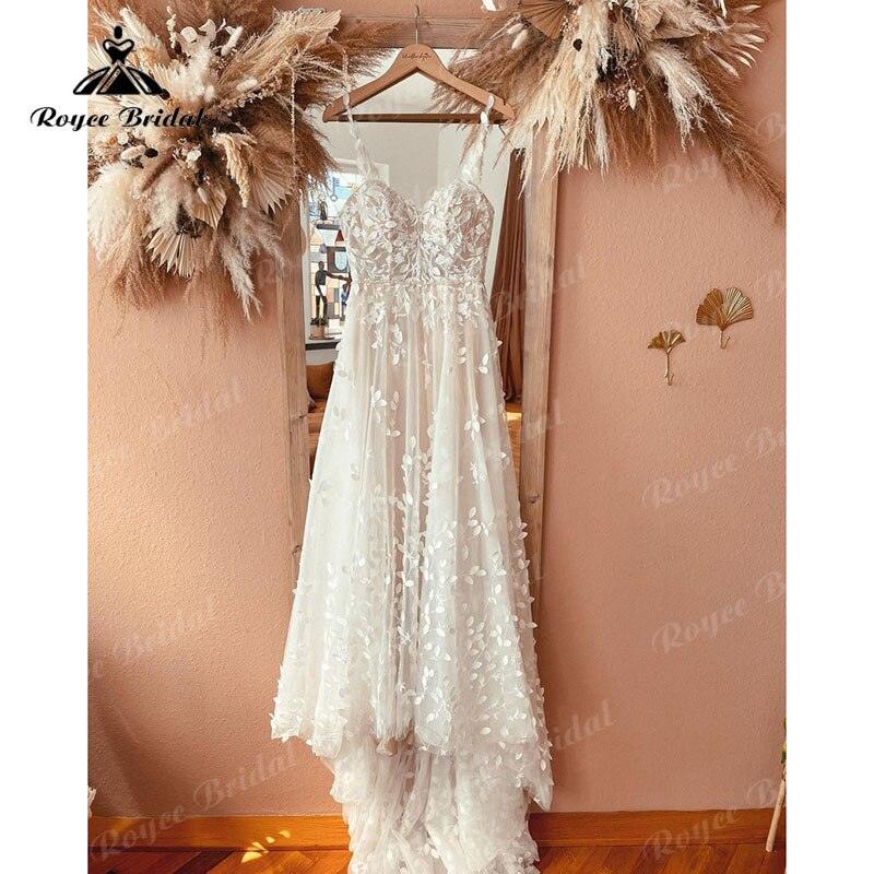 Vestido de novia bohemio de corte A con tirantes finos y apliques de encaje y chaqueta, 2025, para playa, personalizado