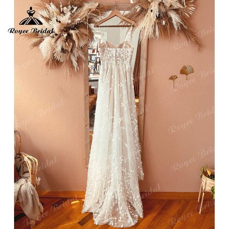 Vestido de novia bohemio de corte A con tirantes finos y apliques de encaje y chaqueta, 2025, para playa, personalizado