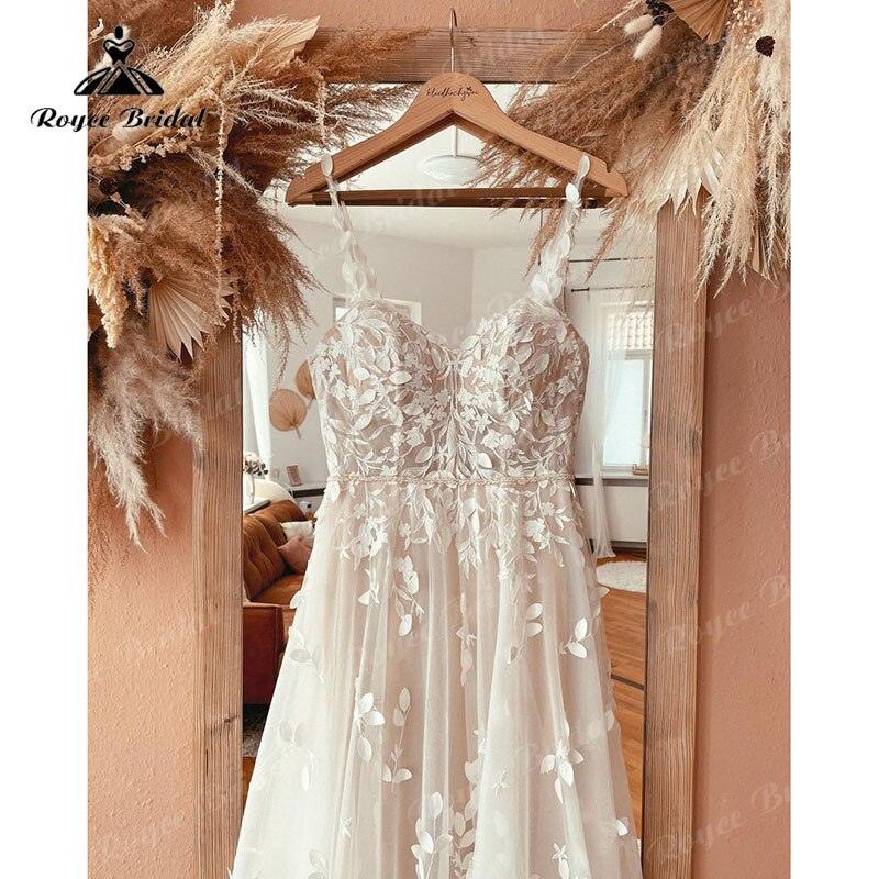 Vestido de novia bohemio de corte A con tirantes finos y apliques de encaje y chaqueta, 2025, para playa, personalizado