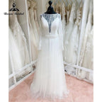 Vestido de novia de tul con encaje y manga larga de NumberSea, estilo vintage, sin espalda, con cola larga, para playa, 2025 