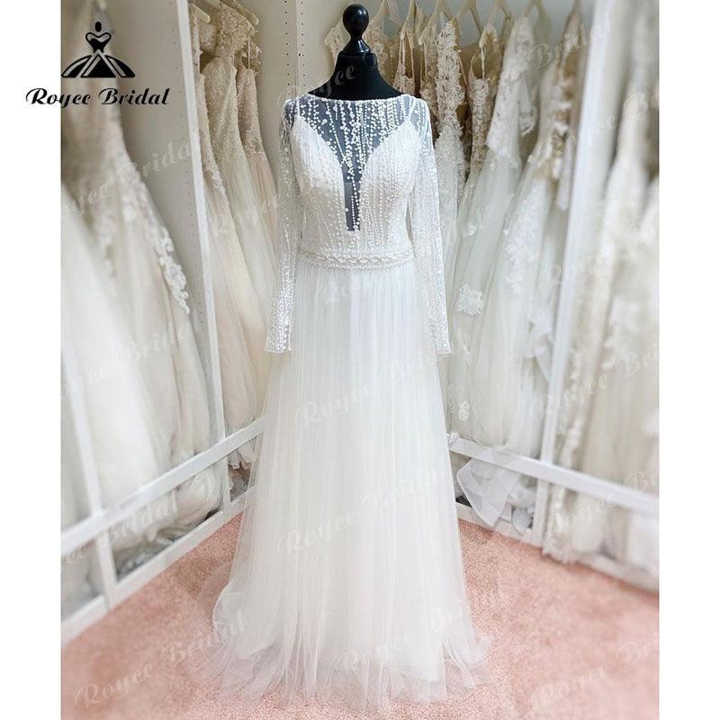 Vestido de novia de tul con encaje y manga larga de NumberSea, estilo vintage, sin espalda, con cola larga, para playa, 2025 
