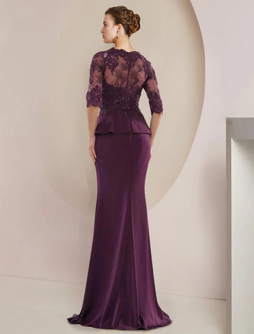 Meerjungfrau/Trompete Kleid für die Mutter der Braut, formeller Hochzeitsgast, luxuriös, elegant, V-Ausschnitt, bodenlang, Spitze, Stretch-Chiffon, halbe Ärmel, mit Perlenbesatz, Rüschen, Applikationen