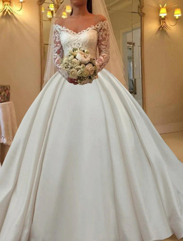Verlobungs-Hochzeitskleider für den Herbst, Ballkleid, schulterfrei, langärmlig, Kapellenschleppe, Satin-Brautkleider mit Applikationen, einfarbig