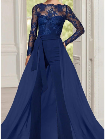Overall/Hosenanzug, Kleid für die Brautmutter, Hochzeitsgast, elegant, Rundhalsausschnitt, bodenlang, Stretch-Chiffon, lange Ärmel, mit Rüschen, einfarbig