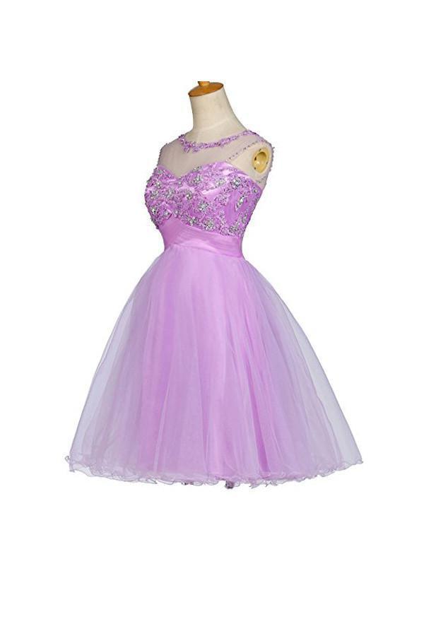 Vestidos de fiesta cortos con espalda abierta, apliques de tul y cuentas