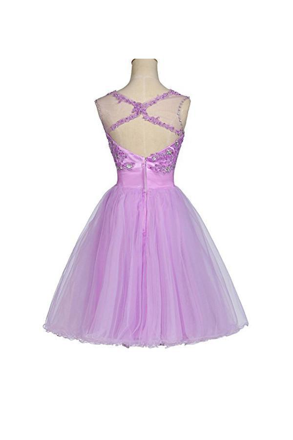 Vestidos de fiesta cortos con espalda abierta, apliques de tul y cuentas