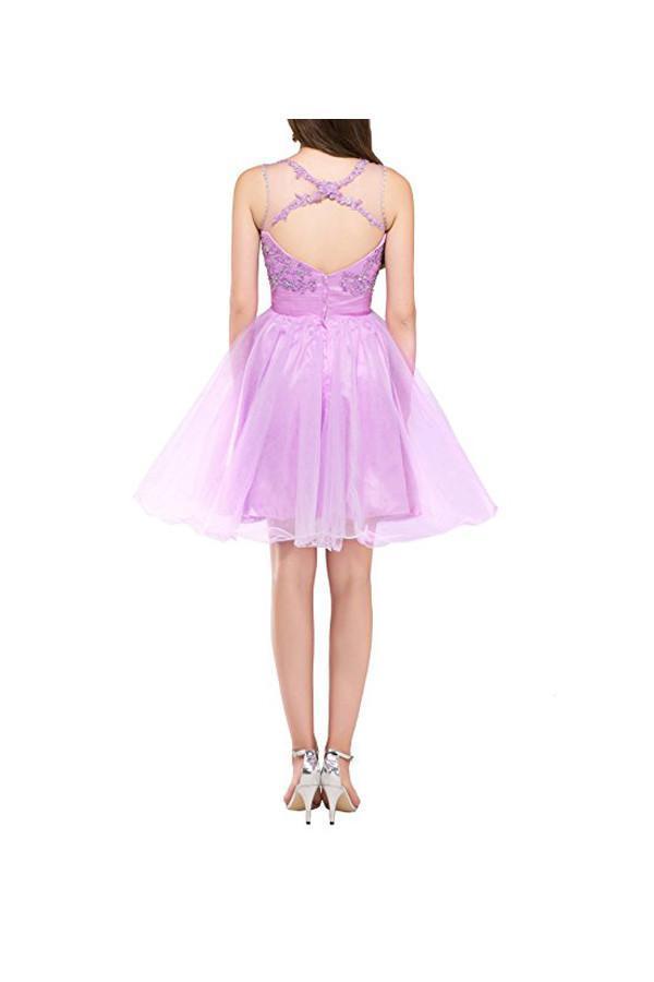 Vestidos de fiesta cortos con espalda abierta, apliques de tul y cuentas