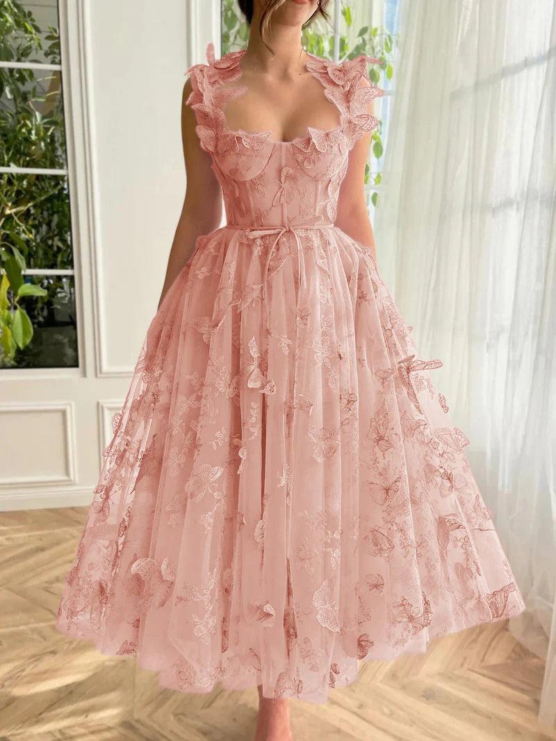 Vestido de fiesta Aline de tul midi con mariposas