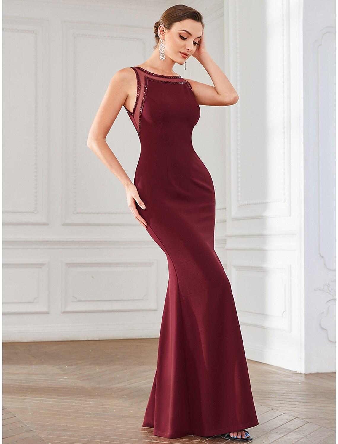 Vestidos de fiesta de sirena/trompeta, espalda abierta, para invitados de boda, largo hasta el suelo, sin mangas, cuello joya, poliéster con cristales