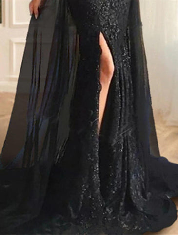 Meerjungfrau/Trompete Abendkleid Blumenkleid Formelle Hochzeit Sweep/Pinselschleppe Langarm Schulterfrei Herbst Hochzeitsempfang Chiffon mit Schlitz Applikationen