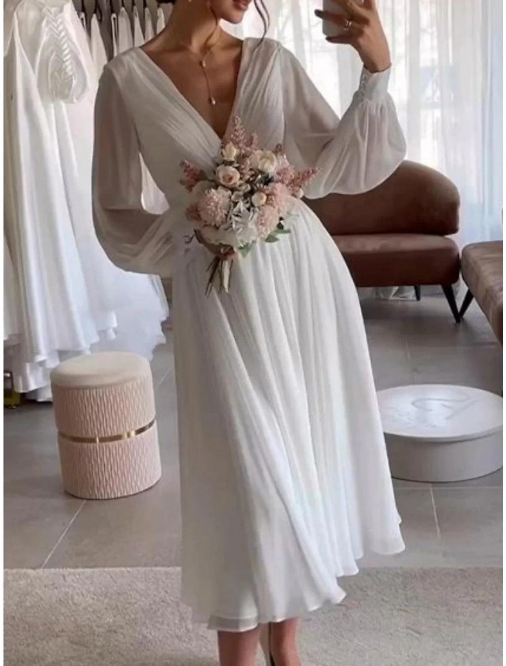 NumberSea Kleine weiße Kleider Brautkleider A-Linie V-Ausschnitt Langarm Wadenlang Chiffon Brautkleider Mit Falten Einfarbig