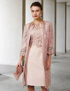 Vestido elegante de dos piezas con cuello joya, largo hasta la rodilla, de gasa, con encaje y manga corta, para madre de la novia.