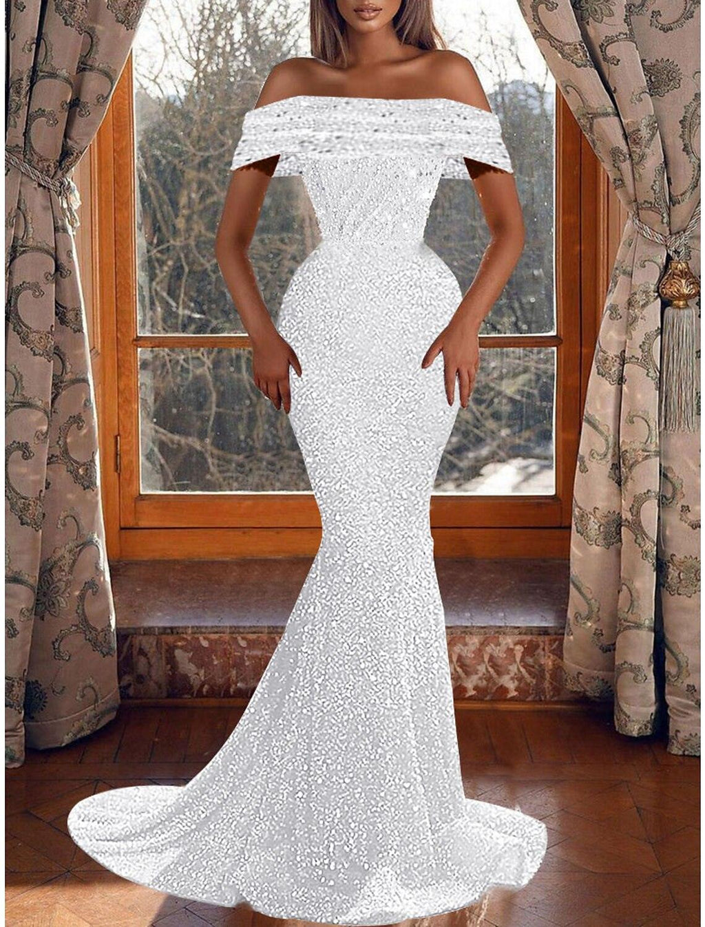 Vestido de fiesta de sirena, vestido de noche con brillo y destellos, vestido de graduación, cumpleaños, asimétrico, manga corta, hombros descubiertos, con lentejuelas