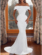 Vestido de fiesta de sirena, vestido de noche con brillo y destellos, vestido de graduación, cumpleaños, asimétrico, manga corta, hombros descubiertos, con lentejuelas