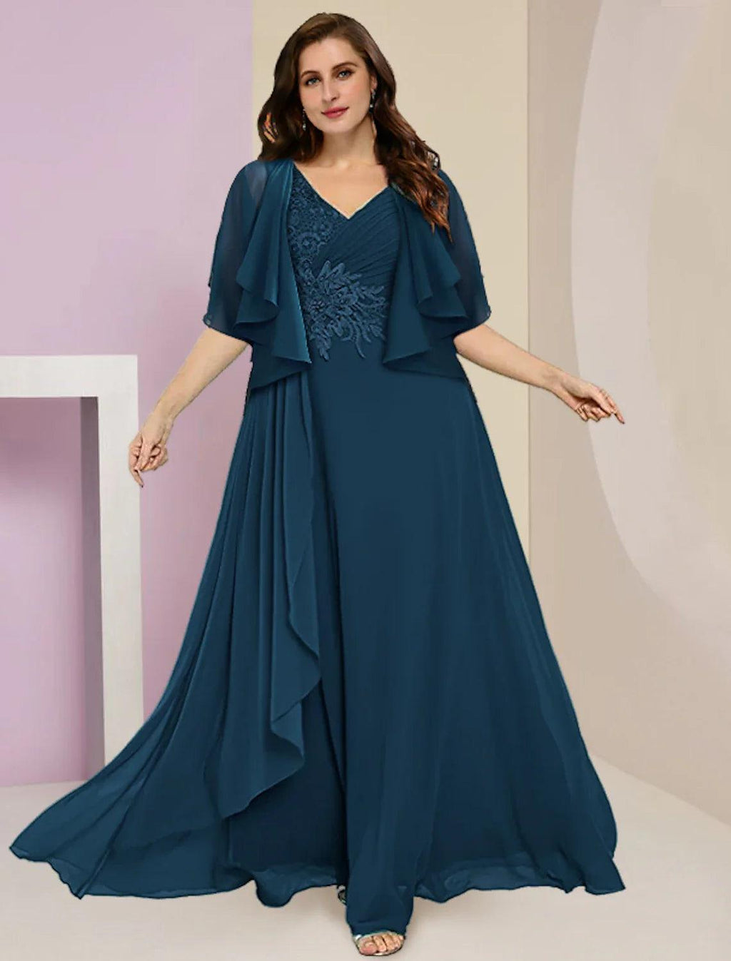 Vestido de dos piezas de corte A para madre de la novia, para invitada de boda formal, talla grande, para ocultar el vientre, elegante, escote en V, largo hasta el suelo, de gasa, con encaje, sin mangas y apliques fruncidos.