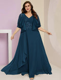 Vestido de dos piezas de corte A para madre de la novia, para invitada de boda formal, talla grande, para ocultar el vientre, elegante, escote en V, largo hasta el suelo, de gasa, con encaje, sin mangas y apliques fruncidos.