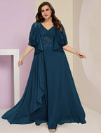 Vestido de dos piezas de corte A para madre de la novia, para invitada de boda formal, talla grande, para ocultar el vientre, elegante, escote en V, largo hasta el suelo, de gasa, con encaje, sin mangas y apliques fruncidos.