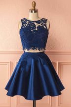 Two Piece Dark Blue Satin Homecoming Dress with Lace Appliques