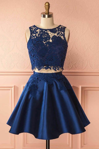 Two Piece Dark Blue Satin Homecoming Dress with Lace Appliques